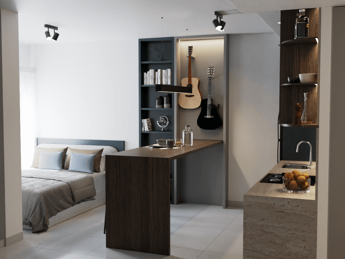 diseño interior de espacio integrado desarrollado por rüf arquitectura